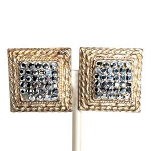 Richard Kerr Vintage Square Rhinestone Clip Silver and Gold Earrings